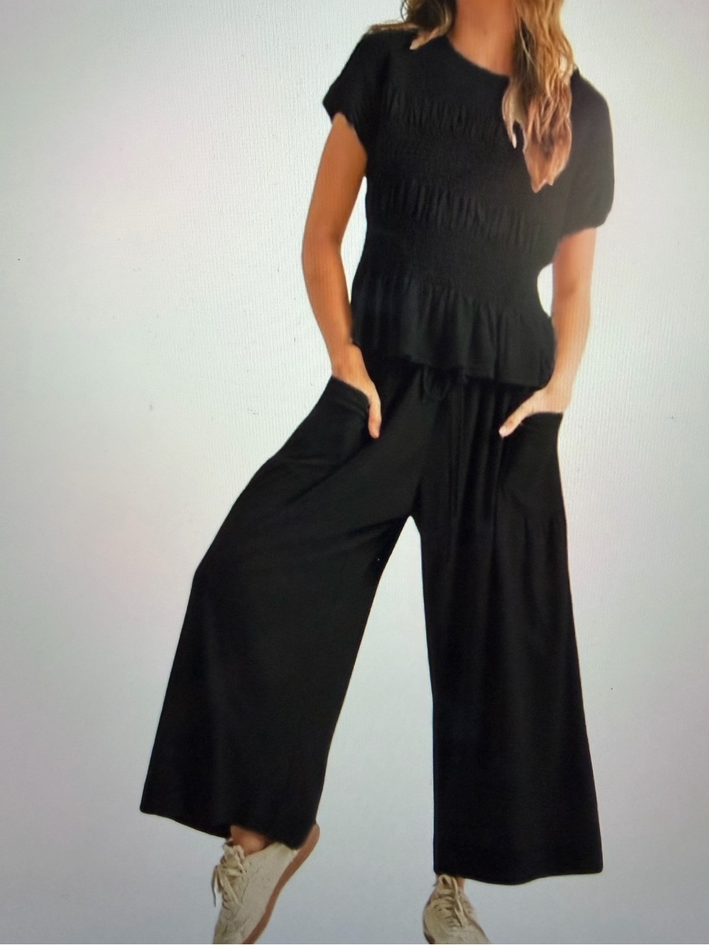 Women's Boho Matching Set - Smocked Top & Black Wide-Leg Pocket - NWT - L